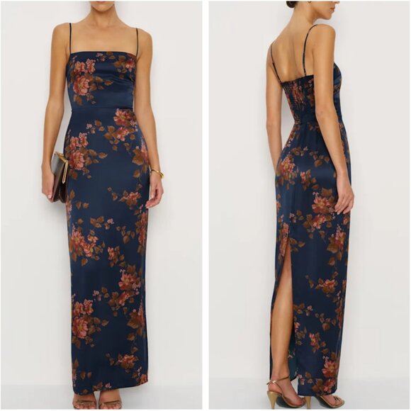 Reformation Frankie Silk Maxi Dress - Core Navy Red Floral Wedding Cocktail - Picture 1 of 10